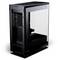 Ein schwarzes, rechteckiges Computer-Tower-Gehäuse mit transparentem Seitenpanel, das einen leeren Innenraum mit Einbauschächten und 'Phanteks' Branding zeigt.