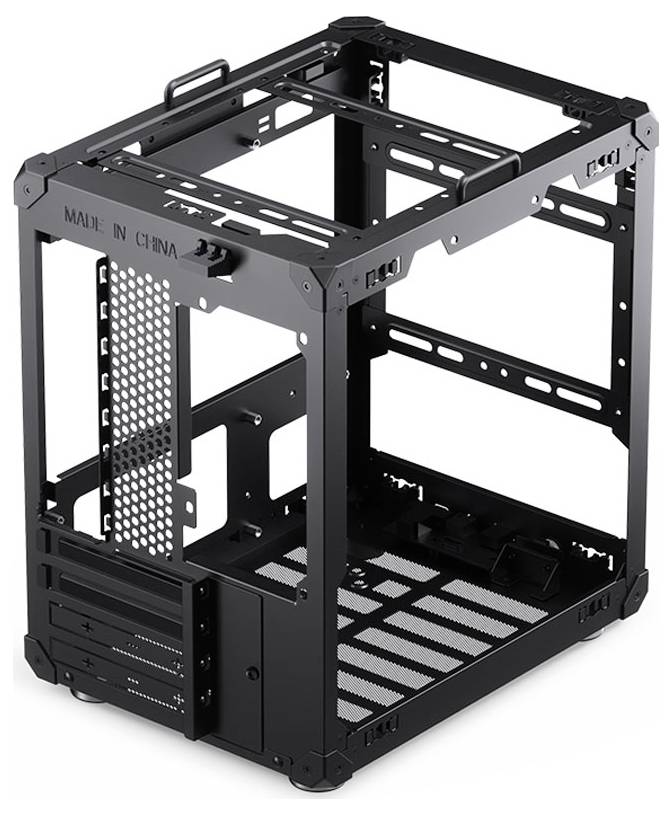 Offener schwarzer Metallcomputer-Gehäuserahmen, der eine rechteckige Struktur mit offenen Seiten und Oberseite zeigt, geeignet für individuelle PC-Aufbauten.