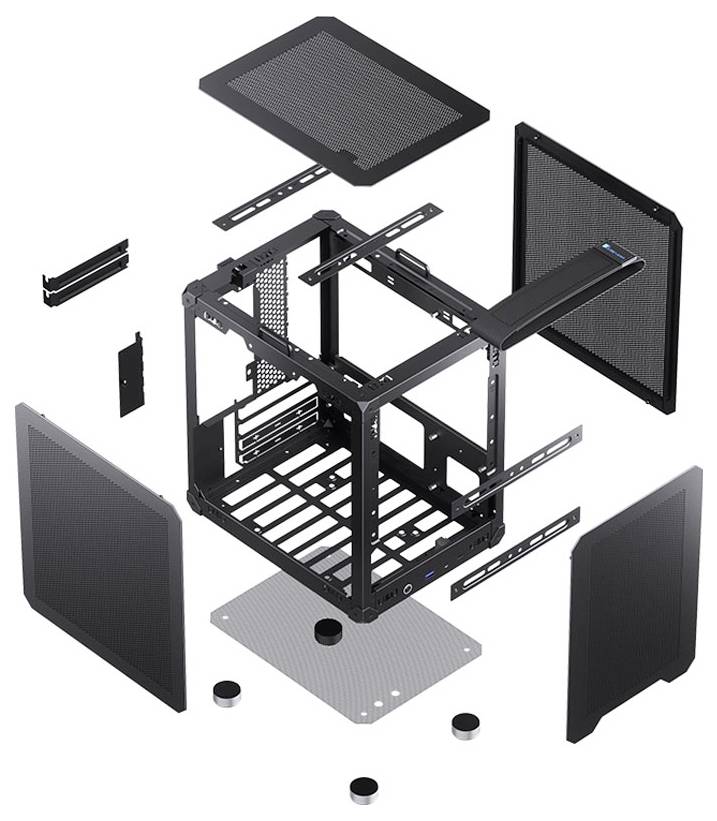 Explosionszeichnung eines Computergehäuses mit auseinandergenommenen Platten, Rahmen und Komponenten, die Struktur und Bauteile veranschaulicht.