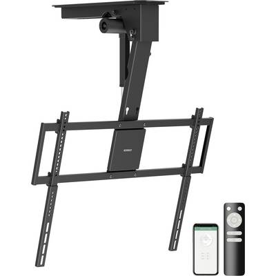 Ein schwarzer motorisierter TV-Halter, der mit einer Fernbedienung und einer Smartphone-App-Oberfläche präsentiert wird, entwickelt für die Deckenmontage mit verstellbarer Sichtposition.
