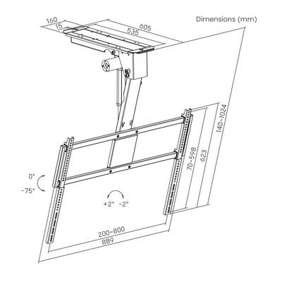 Verstellbare Decken-TV-Halterung - Diagramm mit Abmessungen in Millimetern, einschließlich Neigungswinkel von 0° bis -75° und ±2° Schwenkbereich.