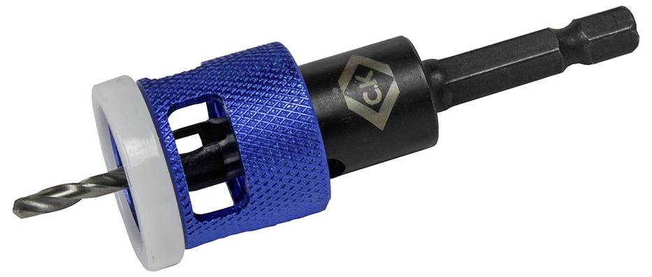 Eine Nahaufnahme eines Sechskant-Bohrers mit einem blauen, verstellbaren Tiefenstopp-Kragen, verwendet für präzise Bohrtiefen in der Holz- oder Metallbearbeitung.