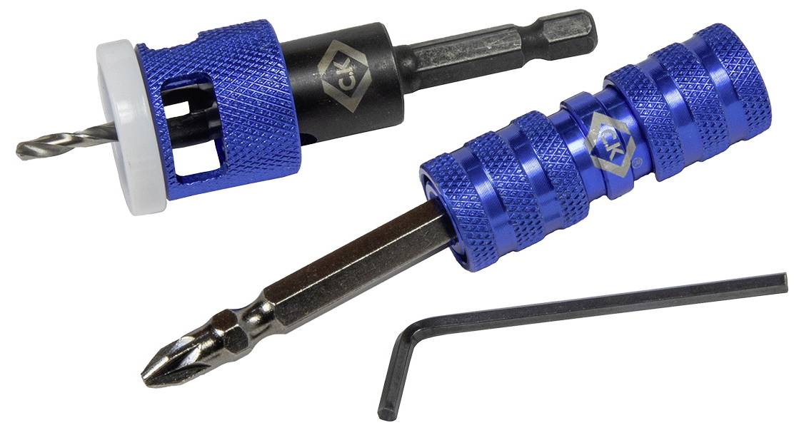 Blauer Multi-Bit-Schraubendreher mit auswechselbaren Bits und einem L-förmigen Sechskantschlüssel.