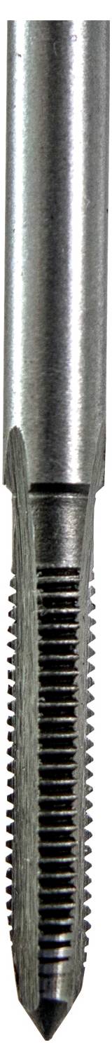 Eine Nahaufnahme eines Gewindebohrers aus Metall mit Gewindedetails, der zum Erzeugen von Schraubengewinden in der Metallbearbeitung verwendet wird.