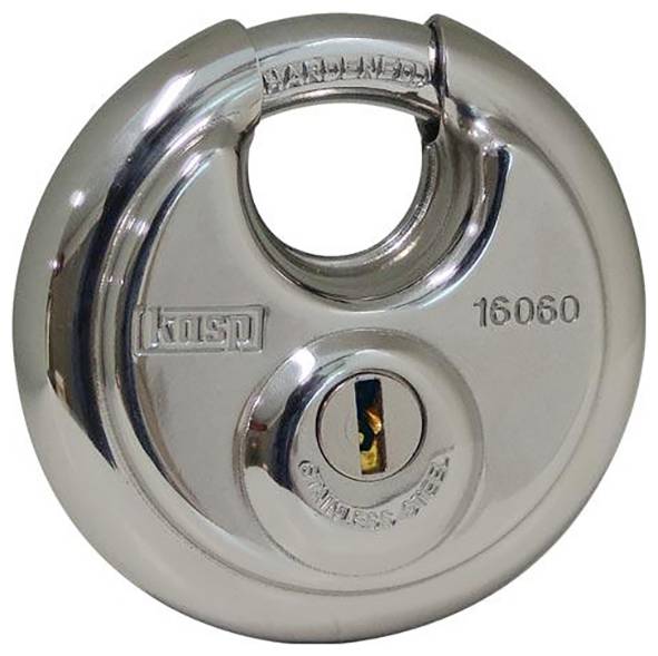 Ein runder Vorhängeschloss aus Edelstahl mit dem Markennamen 'IKSP' und der Nummer '16060', eingraviert, mit einem Schlüsselloch am unteren Ende.