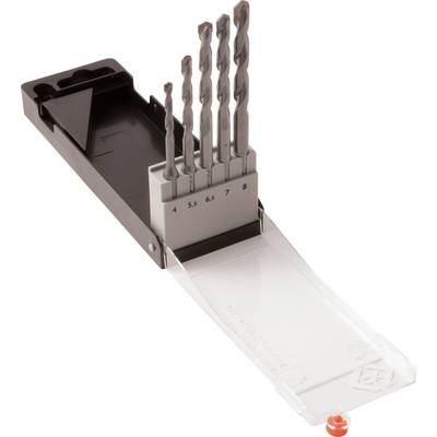 Ein Satz von fünf Bohrern in verschiedenen Größen von 4,0 bis 8,0 mm, präsentiert in einer offenen Plastikbox mit einzelnen Fächern für jeden Bohrer.