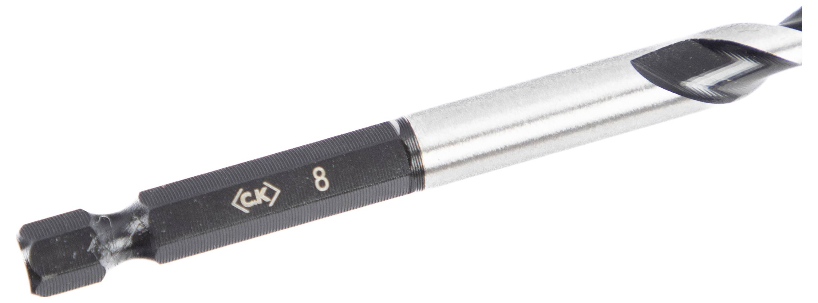 Eine Nahaufnahme eines Metallbohrers mit einem sechseckigen Schaft, beschriftet mit '8'.