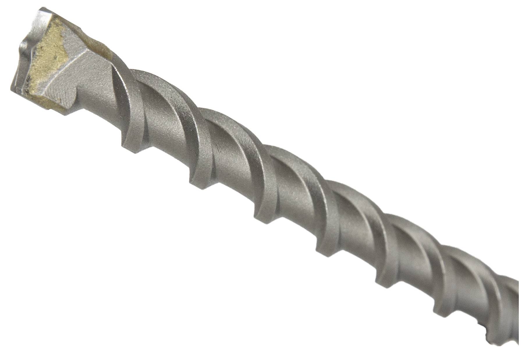 Ein Nahaufnahmebild eines Metallbohrers mit einer Spiralnut-Konstruktion, mit einer scharfen Schneidekante an der Spitze.