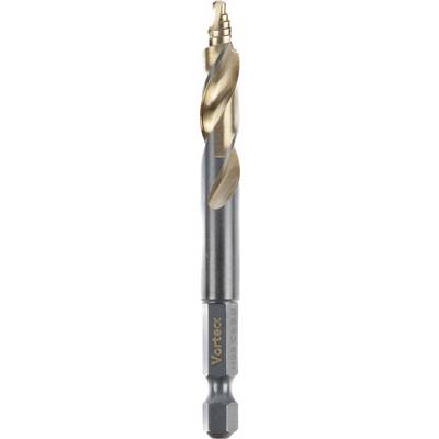 Nahaufnahme eines industriellen Bohrers von Vortex mit spiralförmigem Design und gold-silberner Beschichtung.