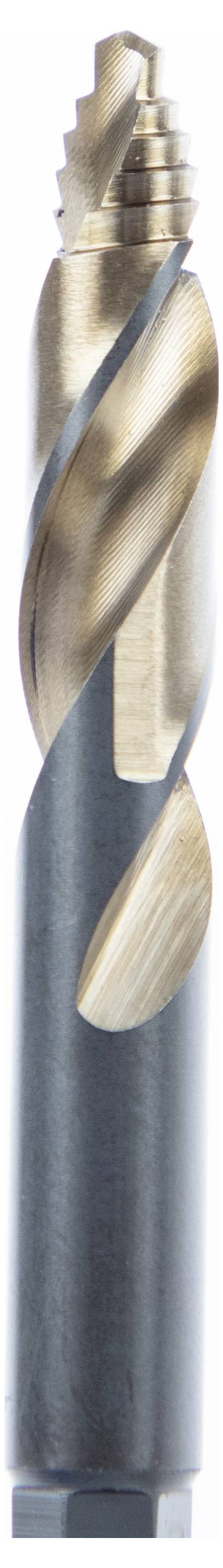 Ein Metallfräser mit einer Spiralnutengestaltung vor einem schlichten weißen Hintergrund.