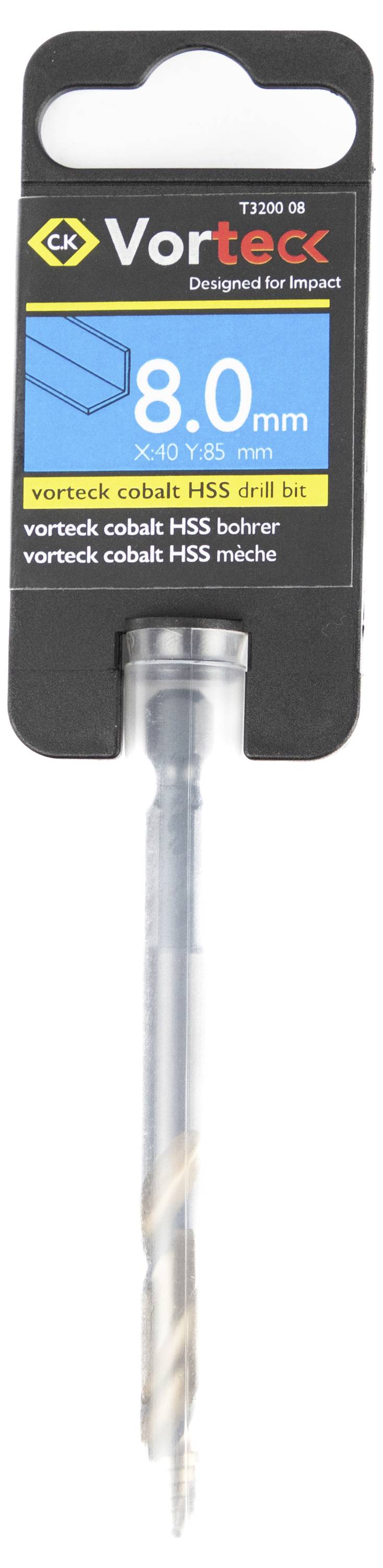 Ein Kobalt-HSS-Bohrer mit 8 mm von Vortex, für Schlagbohrungen konzipiert, in Originalverpackung präsentiert.