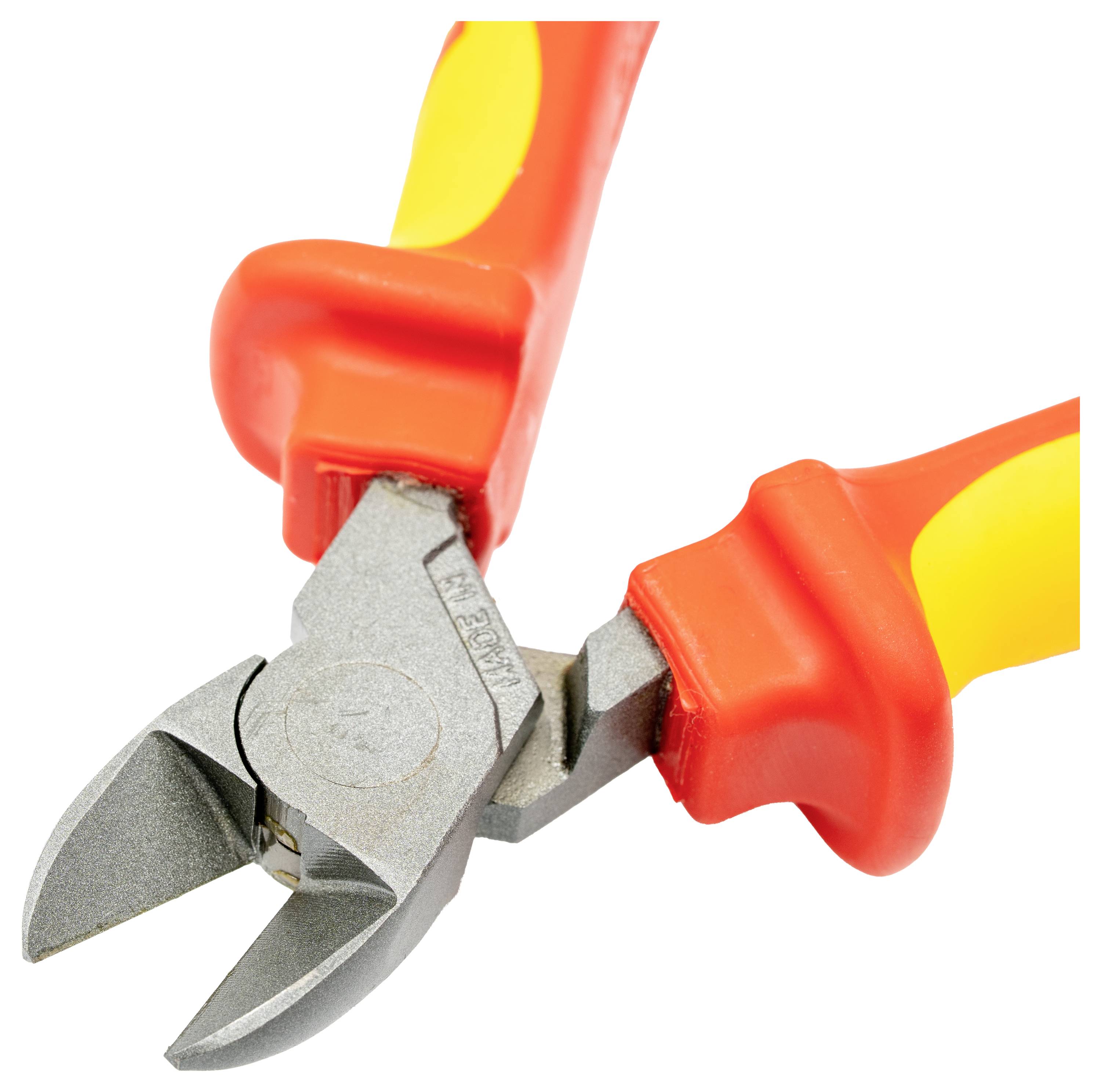 Rot und gelb-griffige Diagonal-Seitenschneider mit Metallbacken, verwendet zum Durchtrennen von Drähten und kleinen Metallteilen.