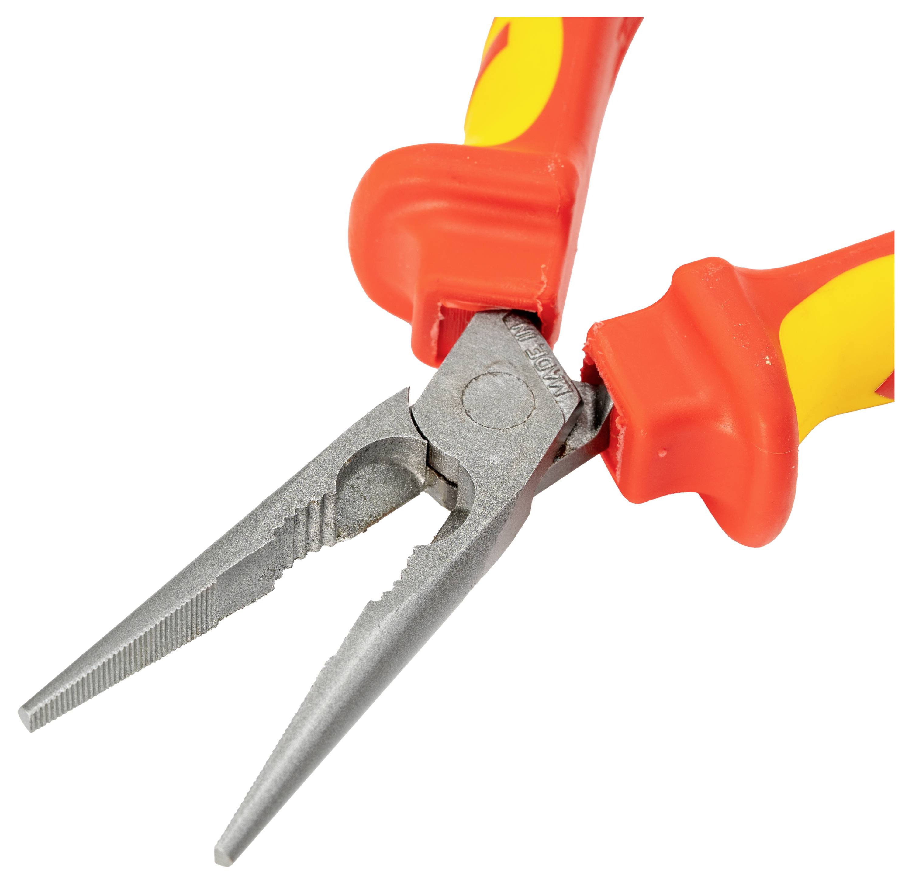 Zange mit isolierten roten und gelben Griffen, mit einem Metall-Greif- und Schneidende, entwickelt für elektrische Arbeiten.