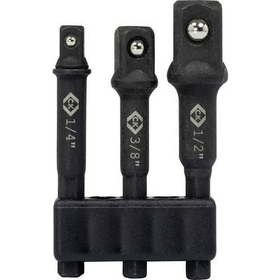 Drei Steckschlüssel-Adapter in verschiedenen Größen (1/4", 3/8", 1/2") mit quadratischen Enden, zusammengehalten von einem schwarzen Halter.