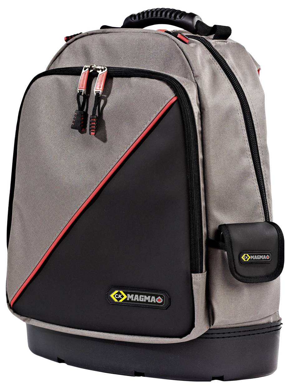 Ein grauer und schwarzer Rucksack mit roten Akzenten, ausgestattet mit mehreren Fächern und einem Frontlogo mit der Aufschrift "MAGMA".