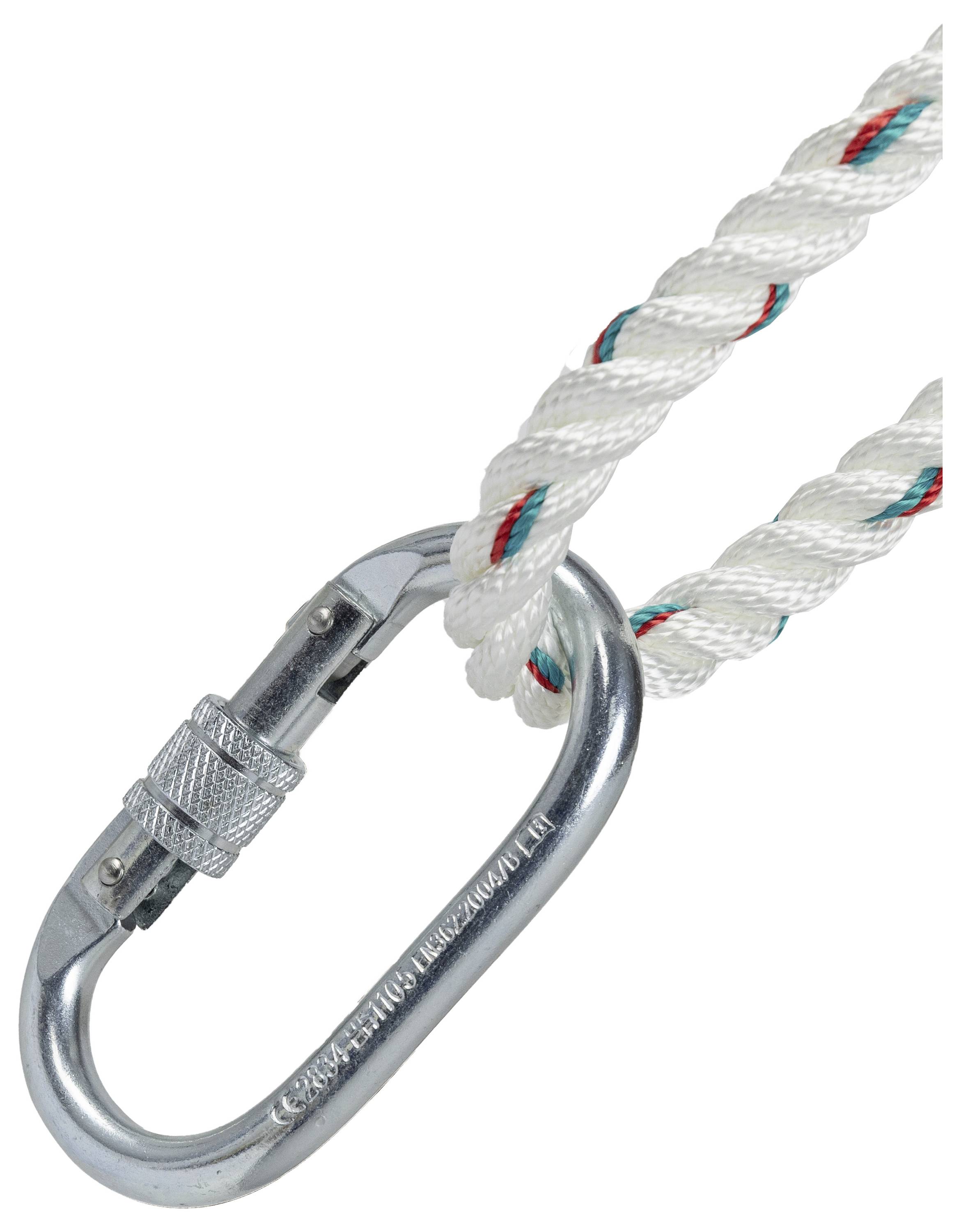 Ein Metallkarabiner mit Verschlussmechanismus ist mit einem weißen Seil mit roten und grünen Fasern verbunden, das zum Klettern oder zur Sicherung von Gegenständen verwendet wird.
