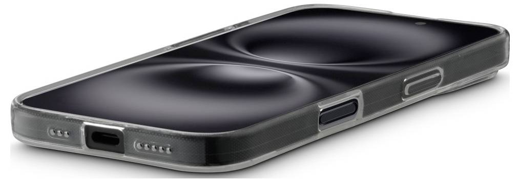 Ein schwarzes Smartphone mit einer transparenten Hülle, das zwei Kameraobjektive und einen Blitz in der oberen linken Ecke aufweist, vor einem weißen Hintergrund.