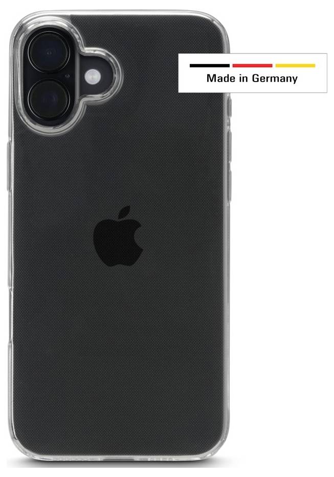 Ein schwarzes Smartphone in einem transparenten Etui mit dem Apple-Logo. Ein Etikett trägt die Aufschrift "Made in Germany" in den Farben der deutschen Flagge.