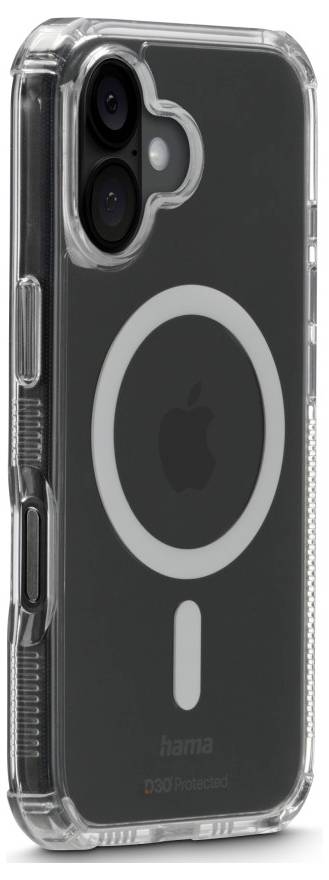 Transparente Smartphone-Hülle mit MagSafe-Kompatibilität, schwarzes kreisförmiges Design, klare Kanten, passend für iPhone-Modell, Marke 'hama'.