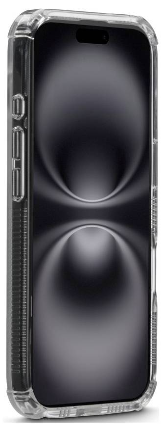 Ein Smartphone mit einem reflektierenden, abstrakten Design auf dem Bildschirm, eingehüllt in eine transparente Schutzhülle mit sichtbaren Seitenknöpfen.