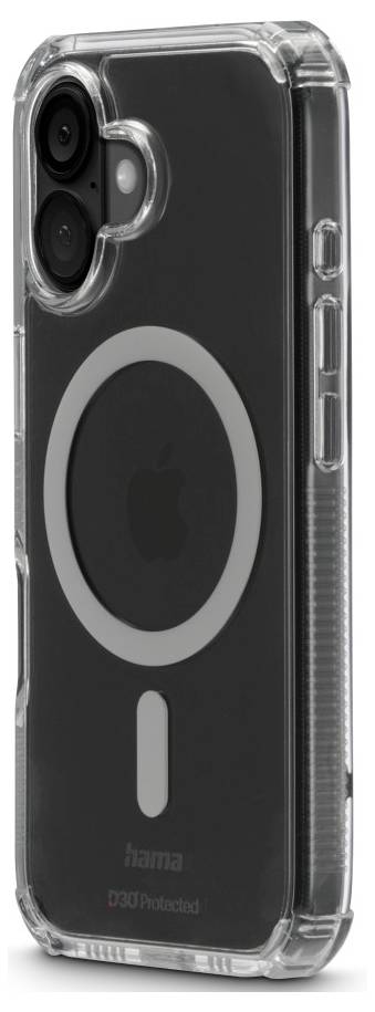 Ein transparenter Telefonkoffer mit MagSafe-Funktionen, der ein Apple-Logo präsentiert, entwickelt für Schutz und Kompatibilität mit drahtlosem Laden.