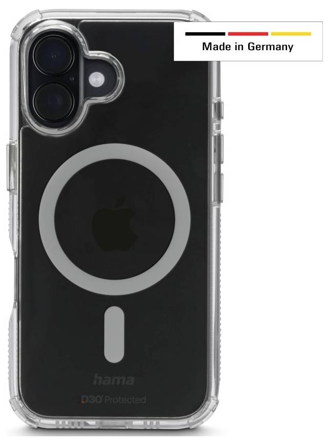 Transparente Handyhülle mit kreisförmigem Design, von hinten gesehen. Etikett oben rechts mit der Aufschrift "Made in Germany" in den Farben der deutschen Flagge.