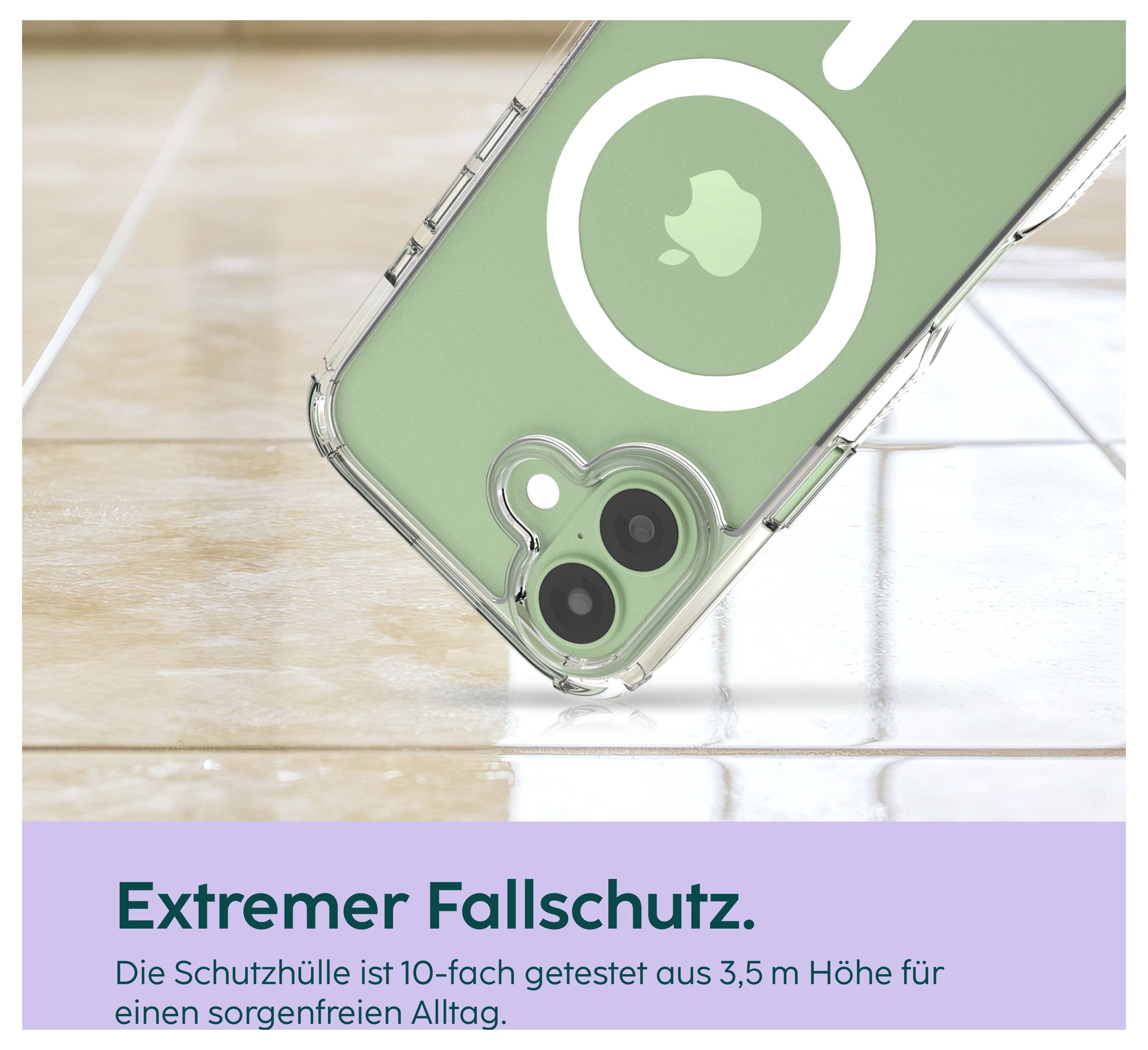 Smartphone in grüner Schutzhülle auf Fliesen; Hinweistext: 'Extremer Fallschutz' und 10-fach getestet aus 3,5 m Höhe.