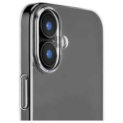 Eine Nahaufnahme der Dual-Rückkameras eines Smartphones in einem transparenten Gehäuse, die einen metallischen Seitenknopf und ein schwarz-silbernes Design zeigt.