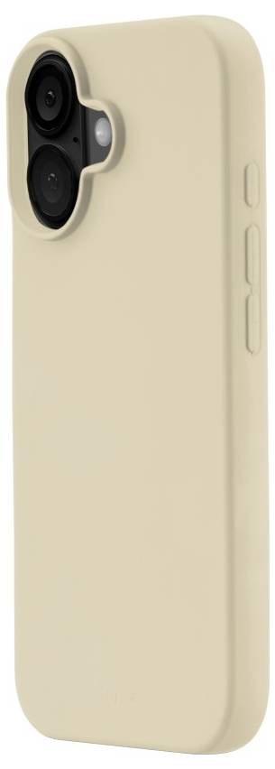 Ein beiger Smartphone-Hülle mit einer strukturierten Oberfläche umgibt ein Telefon und zeigt zwei Kameras auf der Rückseite. Die Seitenknöpfe sind sichtbar.