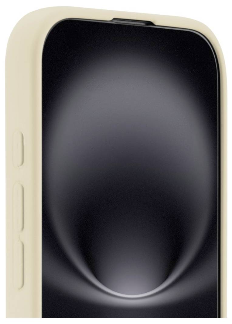 Ein Smartphone mit einem glänzenden schwarzen Bildschirm und einem hellbeigen Gehäuse; Seitenknöpfe sind sichtbar.
