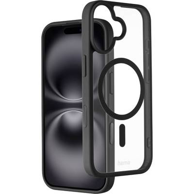 Schwarzes Smartphone mit einem unscharfen abstrakten Hintergrund, daneben ein transparenter Handycase mit schwarzen Kanten, der ein kreisförmiges Design zeigt.