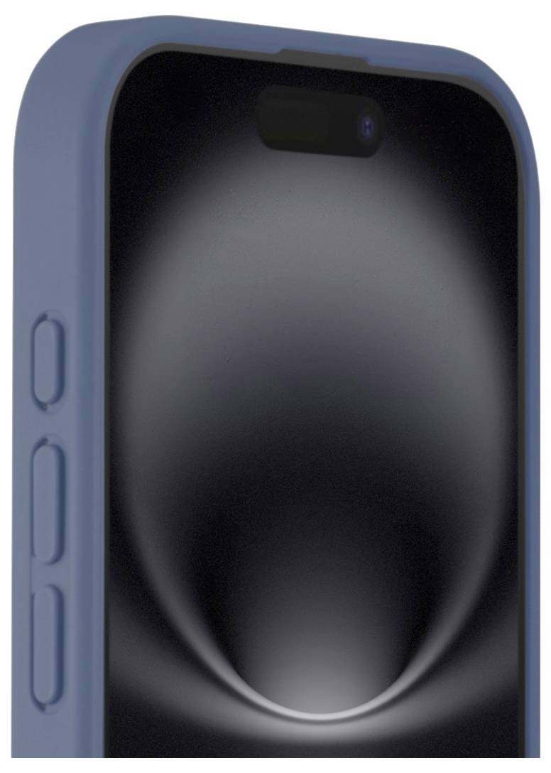 Eine Nahaufnahme eines Smartphones mit elegantem Design, blauer Hülle und dunklem Bildschirm, der eine subtile, haloartige Spiegelung zeigt.