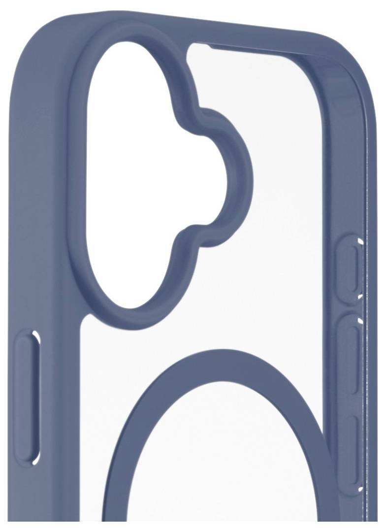 Ein Smartphone mit einer blauen Hülle, das ein leuchtendes abstraktes Muster auf dem Bildschirm zeigt. Der Fokus liegt auf den Seitentasten und dem Bildschirmdesign.