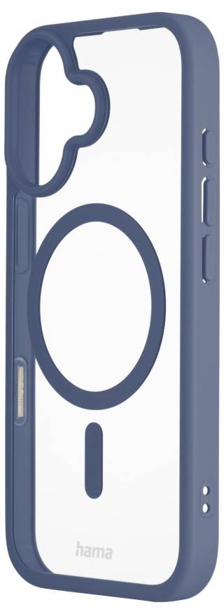 Eine blaue Smartphone-Hülle mit transparenter Rückseite, die ein kreisförmiges MagSafe-Design und seitliche Ausschnitte für die Tasten aufweist.