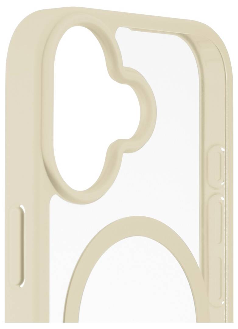 Eine beige Handyhülle mit einer wolkenförmigen Kameraausparung und kreisförmigem Designakzent auf der Rückseite.