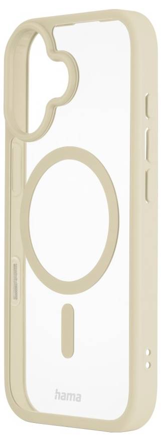 Transparente Handyhülle mit einem beigen Rand, ausgestattet mit einem kreisförmigen magnetischen Design auf der Rückseite, kompatibel mit drahtlosem Laden.