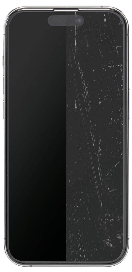 Vergleich eines Smartphone-Bildschirms von 'vorher und nachher', wobei die linke Seite unbeschädigt und die rechte Seite zerkratzt ist.