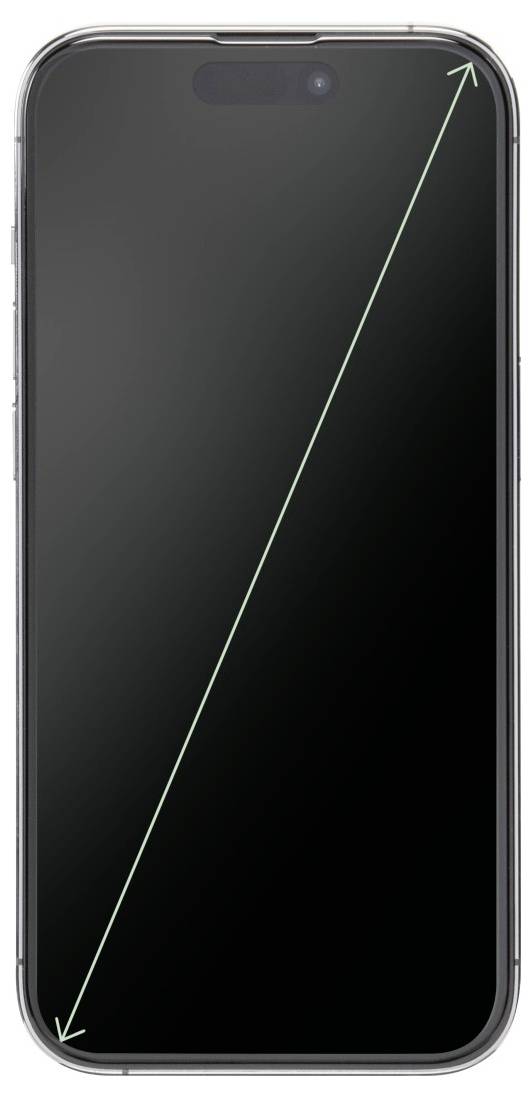 Ein Smartphone mit einem großen Bildschirm, diagonale Pfeile zeigen die Bildschirmgrößenmessung von oben links nach unten rechts an.