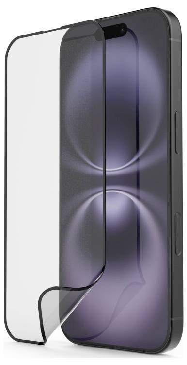 Ein Smartphone mit einem teilweise aufgebrachten, gebogenen Displayschutz, der den dunklen, reflektierenden Bildschirm mit kreisförmigen Mustern offenlegt.