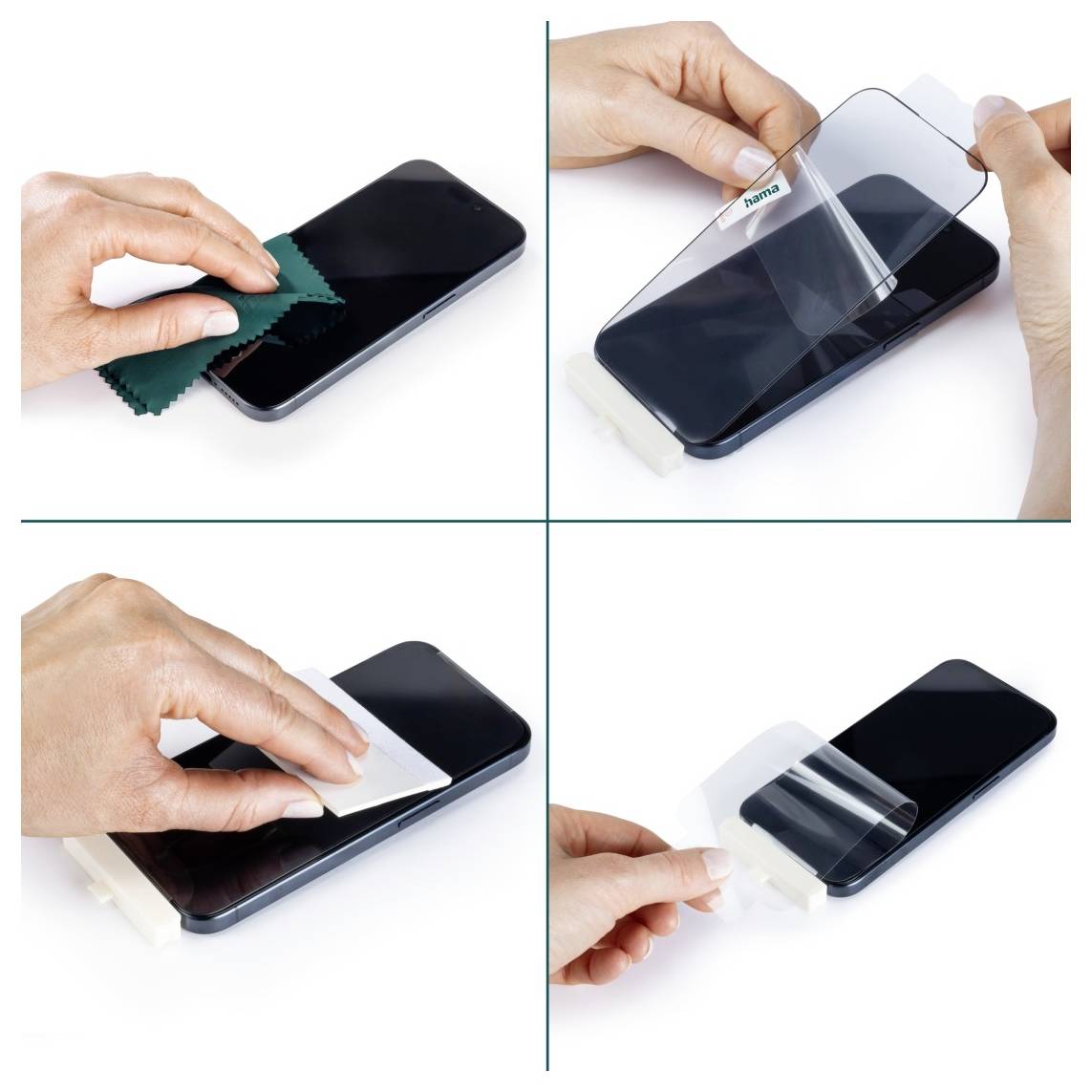 Anbringen eines Displayschutzes: Handy mit Tuch reinigen, Schutzfolie ausrichten, mit Karte glatt streichen, obere Schutzschicht abziehen.