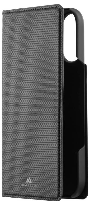 Ein schwarzes Smartphone-Gehäuse mit einer strukturierten Oberfläche, ausgestattet mit Aussparungen für Dual-Kameraobjektive und einen Blitz, das Schutz und Stil vereint.