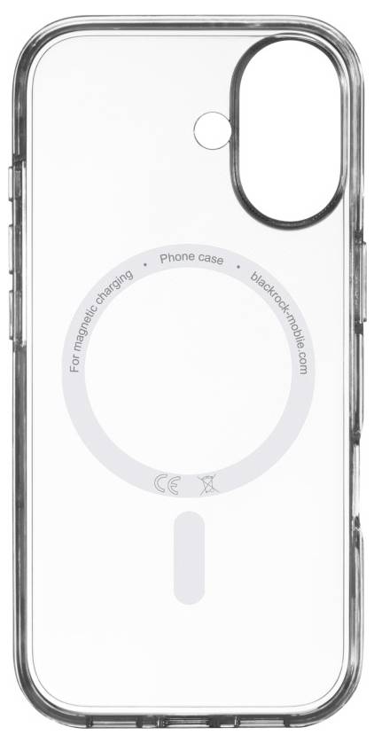 Eine transparente Handyhülle mit kreisförmigem Design für magnetisches Laden, versehen mit dem Text 'phone case' und 'blackrockmobile.com'.