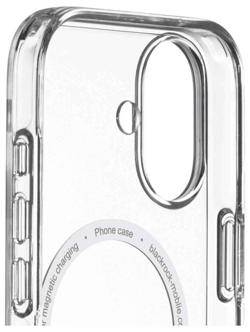 Transparente Smartphone-Hülle mit kreisförmigem Design für magnetische Ladekompatibilität. Enthält Aussparungen für Kamera und Tasten.