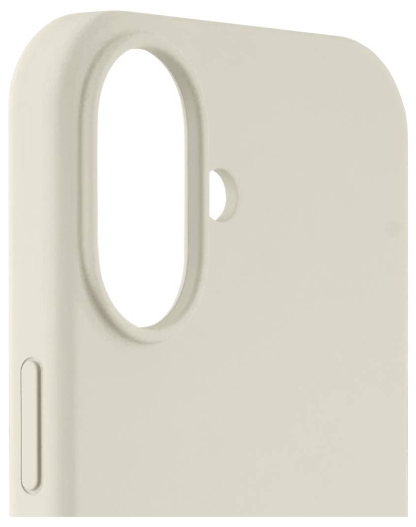 Eine Nahaufnahme einer beigen Smartphone-Hülle, die die Aussparungen für die Rückkamera und die Seitentasten hervorhebt.