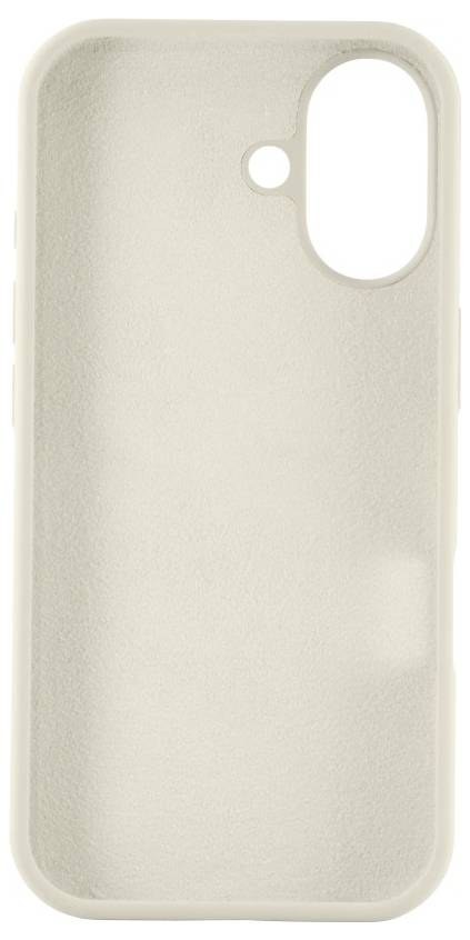 Eine beige Smartphone-Hülle mit einem ovalen Kameraausschnitt und seitlichen Tastenabdeckungen, die entwickelt wurde, um die Rück- und Seitenflächen eines Geräts zu schützen.