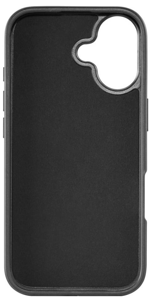 Eine schwarze Smartphone-Hülle mit einer Aussparung für die Kamera und Tasten an der Seite, die für ein Telefonmodell mit einer Kamera entwickelt wurde.