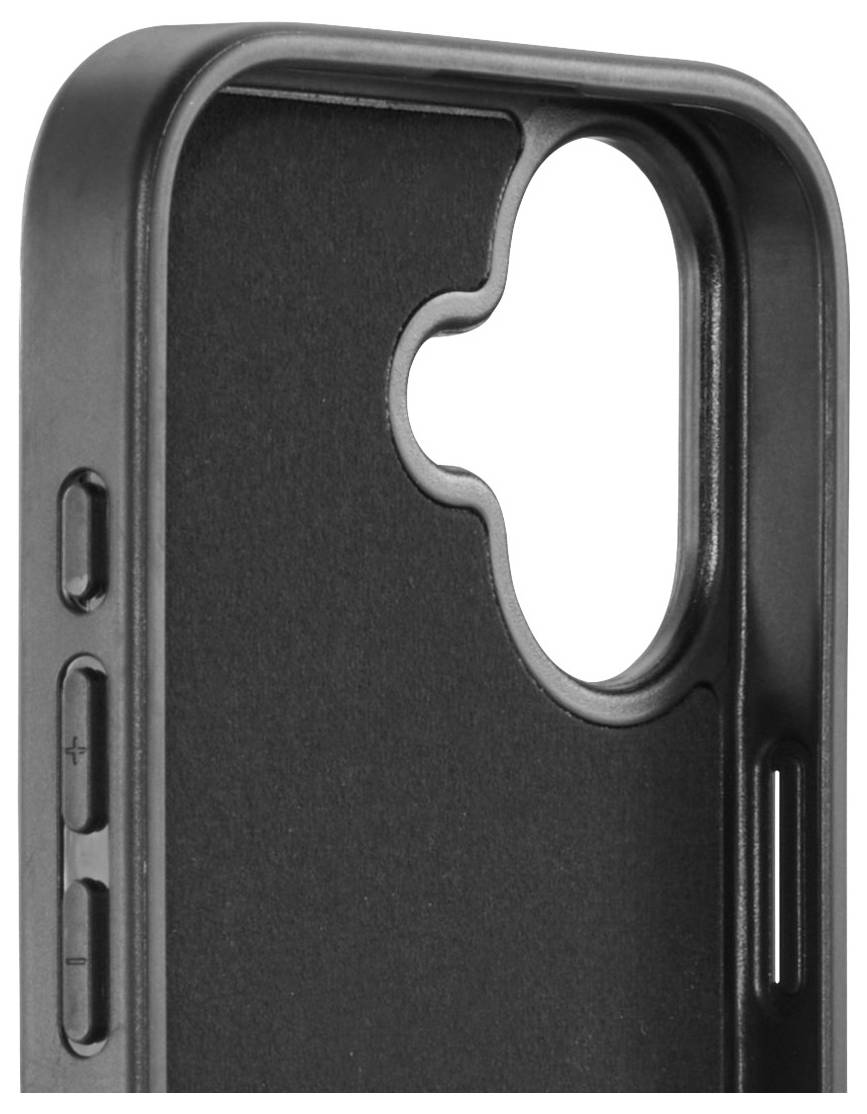 Eine schwarze Smartphone-Hülle mit Carbonfaser-Muster, mit präzisen Aussparungen für die Kamera und Tasten.