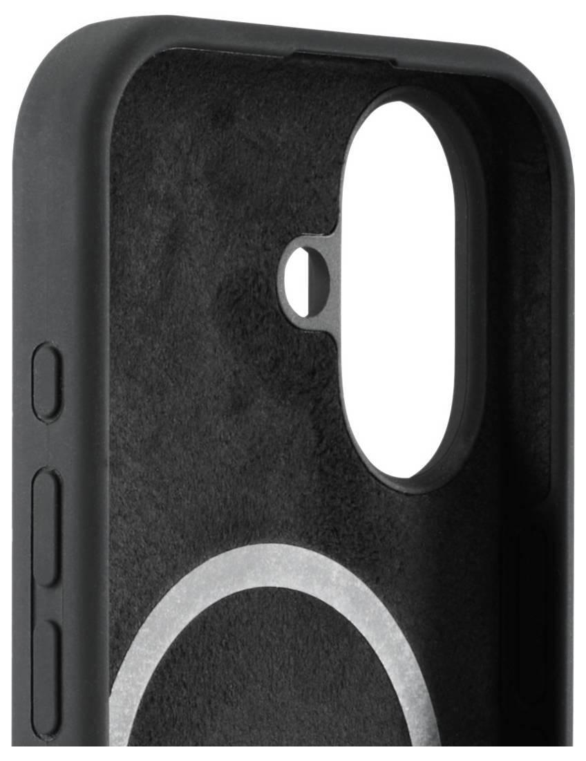 Schwarze Handyhülle mit sichtbaren Kamera- und Tastenausschnitten an der Seite.