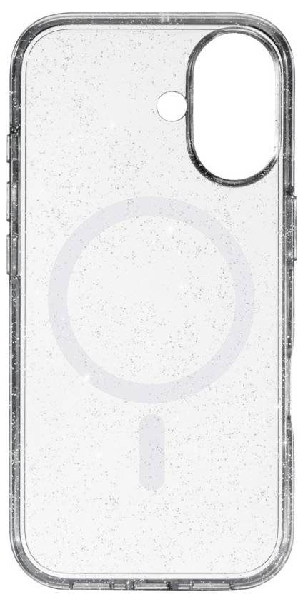 Eine durchsichtige Handyhülle mit einem dezenten kreisförmigen Design, möglicherweise ein Hinweis auf MagSafe-Kompatibilität, entwickelt für den Schutz von Smartphones.