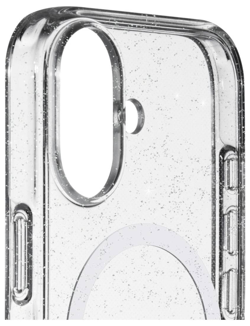 Eine klare, glitzernde Handyhülle mit großer Kameraaussparung, seitlichen Tasten und einem kreisförmigen MagSafe-Ring auf der Rückseite.
